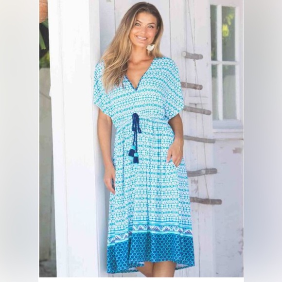 Cabana life Blue and White Patterned Midi Dress - Picture 1 of 10
